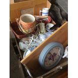 A box containing pottery including blue and white, picture frames, model car etc