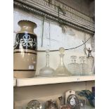 West German pottery vase and glass decanters