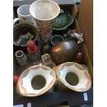 A box of pottery and bottles etc