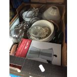 A box of bric-a-brac including espresso coffee maker, bowls, glass lamp shades, etc.