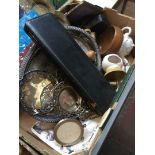 A box of mixed metalware and pottery etc