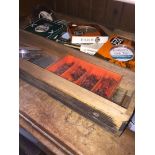 Wooden box with fishing tackle, etc