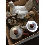 Box of miscellaneous including stainless steel teapots and brass oriental bell etc