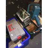 2 boxes of tools, mini compressor, sander, electric hedge trimmer, etc.