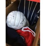 A box of signed Preston North End footballs and various shirts