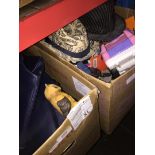 Two boxes of handbags, hats, bric a brac, toys, etc