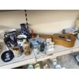 A mixed collection including Losol ware jug, pottery, figures and vintage ukelele