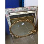 A gilt framed mirror, another mirror, and 2 pictures