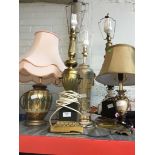 5 table lamps to include brass and composite - 2 with shades.