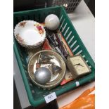 A mixed basket containing cutlery, epns, and a small amount of Royal Albert Country Roses pottery