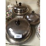 Three silver plated covered serving dishes