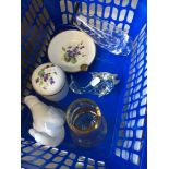 A small basket containing art glass, Limoges porcelain, and a Nao goose figure