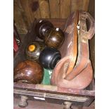 Leather bowling bag and wooden bowls