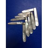 Five hallmarked silver and mother of pearl fruit knives