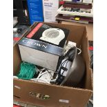 A box of misc to include router, extension leads, fan heater, etc