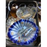 A box of mixed pottery and glassware and including a ship in a bottle