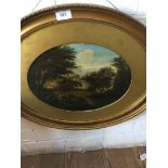 English 19th century school, country scene, oil on board, oval, 35cm x 28cm, unsigned, framed,