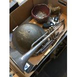 A mixed box including ARP steel helmet, Boosey & Co trumpet, replica Python 357 Magnum gun, etc