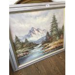 A landscape oil on board, unsigned, 58cm x 49cm, framed.