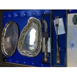 A hallmarked silver cheese knife and fork and two epns trays