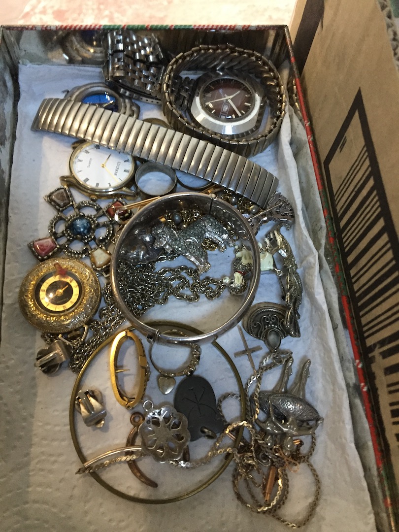 A tray of costume jewellery, watches, hallmarked silver bangle.