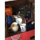 A mixed box of pottery and plated ware including Rubens ware vase and Chameleon ware vase