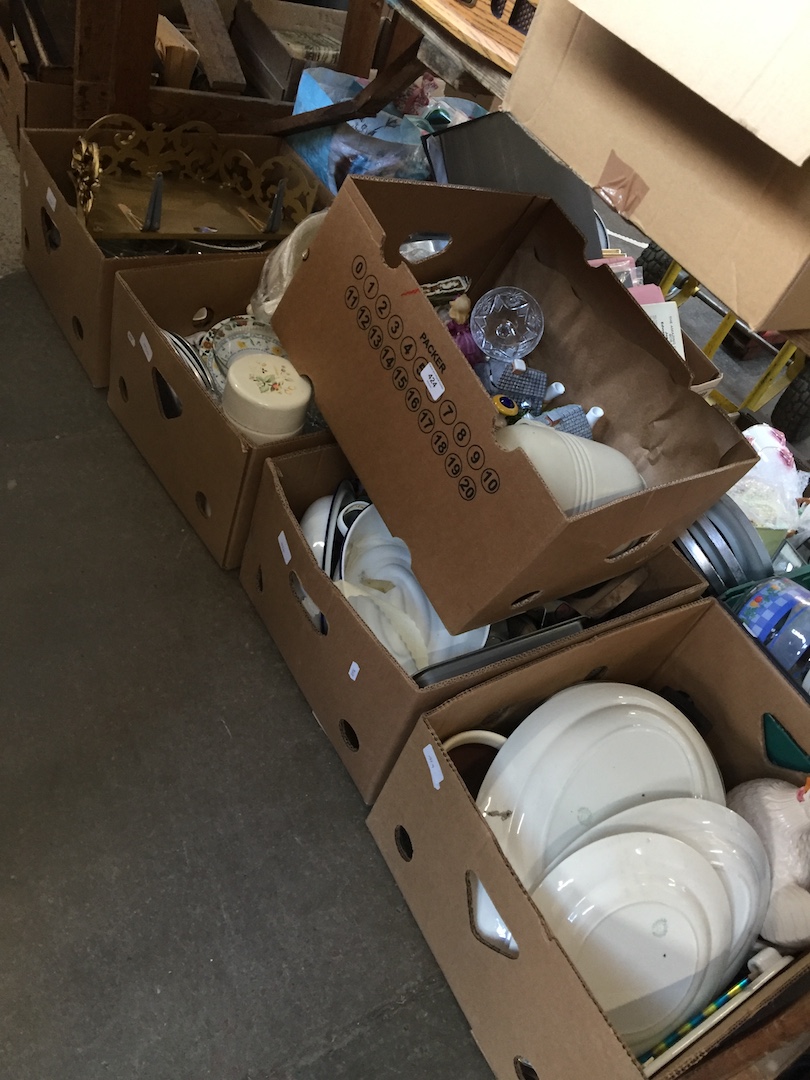 Five boxes of assorted household items, pottery, crockery, ornaments etc