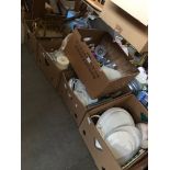 Five boxes of assorted household items, pottery, crockery, ornaments etc
