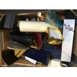 A box of costume jewellery, perfume including Charlie Gold, and sunglasses etc