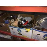 3 boxes of kitchen utensils, pans, cutlery, etc.