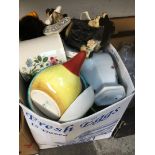 A box of pottery and vases etc