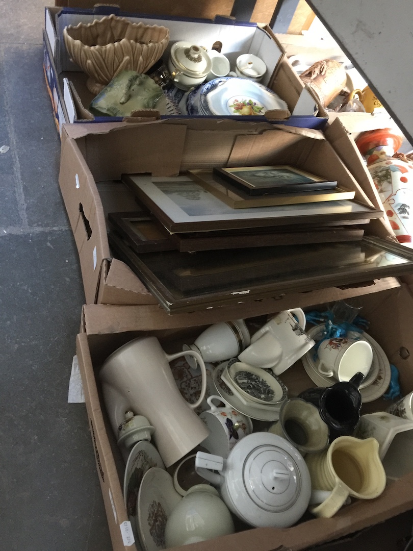 Three boxes of assorted pottery etc