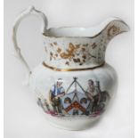 A 19th century pottery jug decorated with scene entitled 'The Friendly Iron Moulders Society