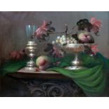 20th century school, "A Study in Green", still life, oil on canvas, 49cm x 39cm, signed 'Molnar'