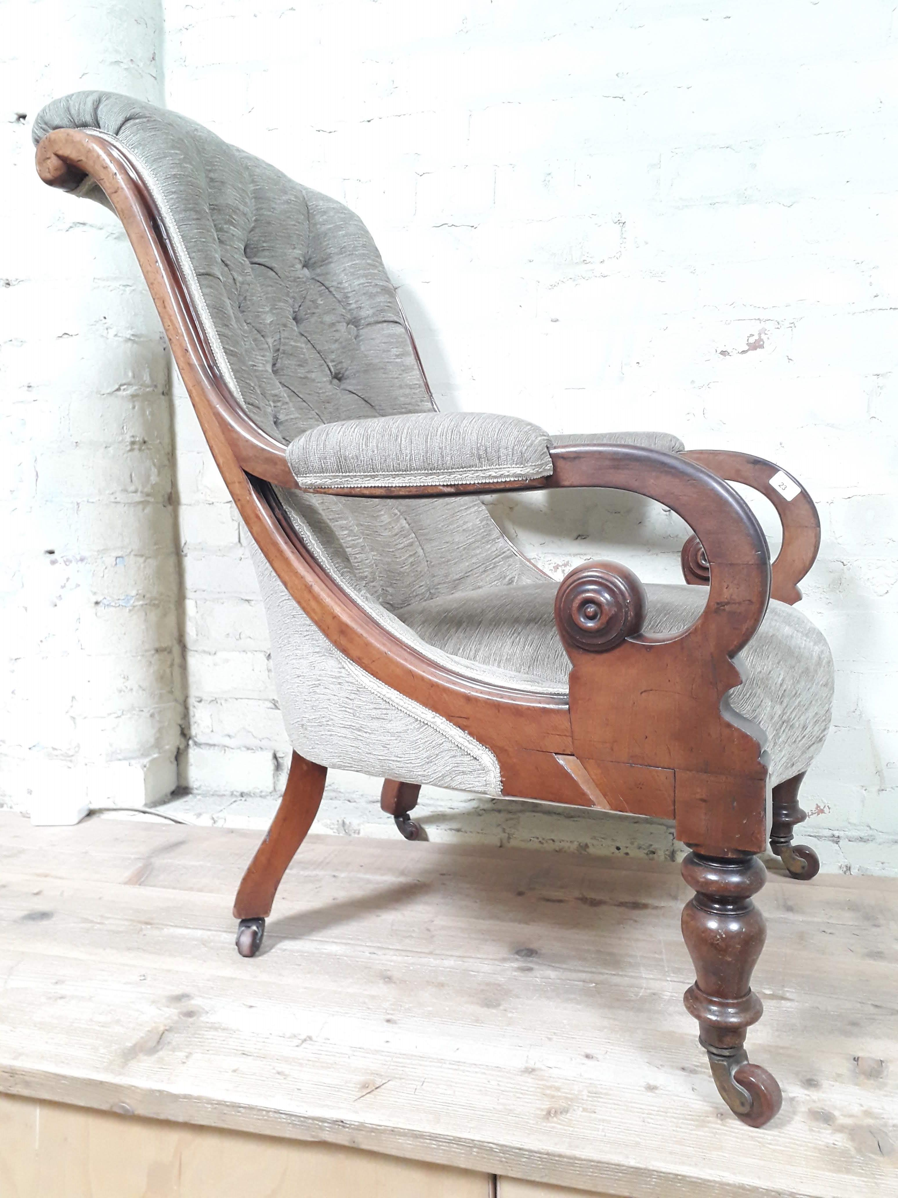 A Victorian walnut armchair with scroll arms, width 69cm, depth 84cm & height 99cm. - Image 8 of 15