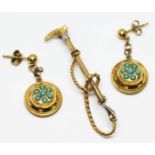 A pair of hallmarked 9ct gold drop earrings set with turquoises, together with a yellow metal brooch