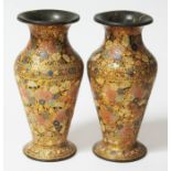 A pair of Indian Kashmiri brass lined papier mache vases with gilt and polychrome decoration, 19th