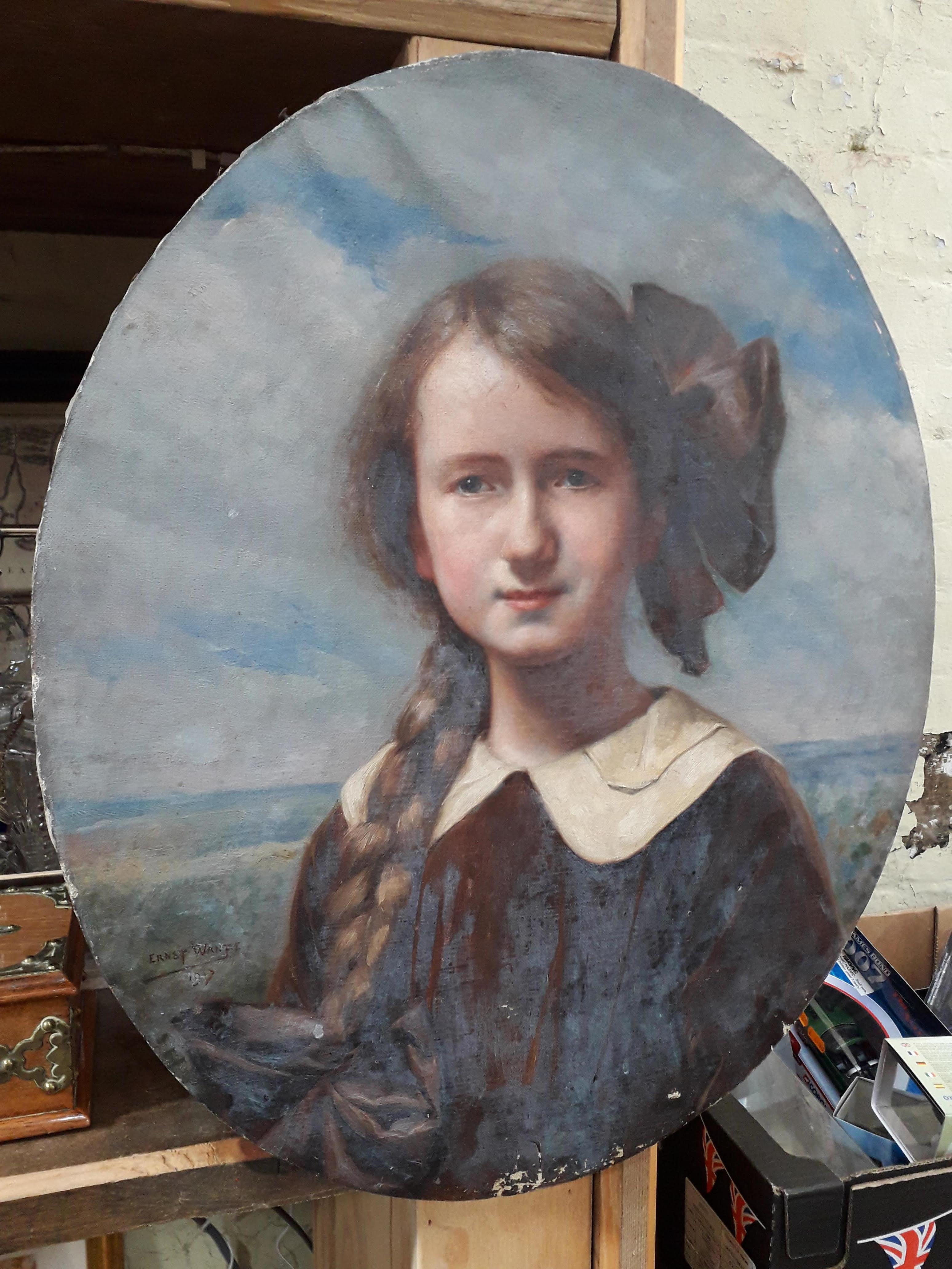 Early 20th century school, oval portrait depicting a girl, oil on canvas, 46cm x 56cm, signed 'Ernst - Image 2 of 11