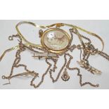 A mixed lot of various 9ct gold comprising a chain, two swallow brooches and a photo pendant,