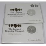 Two Royal Mint The Longest Reigning Monarch 2015 £20 silver proof commemorative coins.