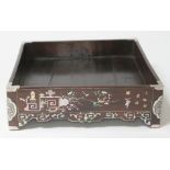 A Chinese 19th century mother of pearl inlaid and silver mounted tray of square form, 24cm x 24cm.