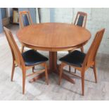 A Danish teak extending dining table and four chairs stamped 'Koefoeds' with two folding leaves,