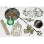 A mixed lot of hallmarked silver comprising a Charles Horner hat pin, an ARP badge, a brooch