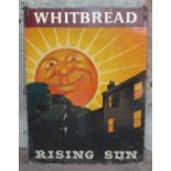 A large enamel pub sign 'Whitbread Rising Sun', 92cm x 125cm.