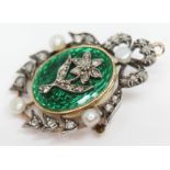 A late Victorian/Edwardian diamond enamel and pearl pendant brooch, length 28mm, gross wt. 5.92g.