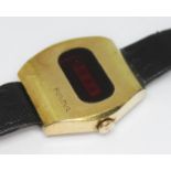 A 1970s gold plated vintage Bulova N5 'Big Block' LED digital wristwatch with leather strap, case