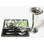 A mixed lot of hallmarked silver comprising a vase, a dish and a cased christening fork and spoon,