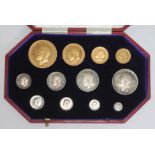 A George V 1911 proof specimen long set comprising five pounds, two pounds, sovereign, half