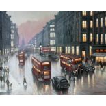 Steven Scholes (b1952), "Regent St Toward Oxford Circus London 1958", Northern Art, oil on canvas,