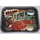 A mixed lot fo vintage and antique costume jewellery including coral and ivory.